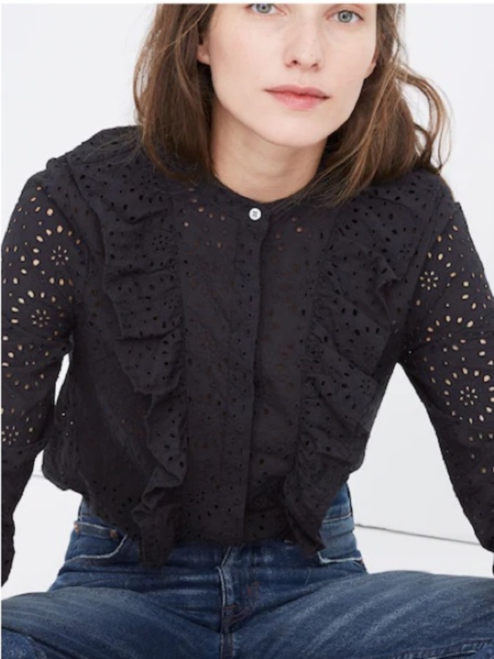 Madewell Eyelet Ruffle-Front Blouse- Black- Size Medium